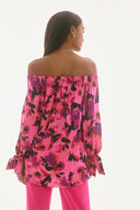 Joseph Ribkoff Black/Multi Satin Floral Print Off-Shoulder Top Style 251784