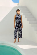 Joseph Ribkoff Midnight Blue/Beige Silky Knit Abstract Print Sleeveless Top Style 251251