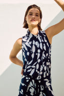 Joseph Ribkoff Midnight Blue/Beige Silky Knit Abstract Print Sleeveless Top Style 251251.
