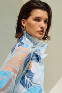 Joseph Ribkoff Blue/Multi Novelty Leaf-Print Trapeze Jacket Style 251135