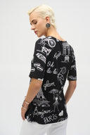 Joseph Ribkoff Black/Vanilla Silky Knit Conversational Print Fitted Tunic Style 252074