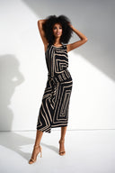 Joseph Ribkoff Black/Beige Silky Knit Geometric Print Sleeveless Top Style 252113