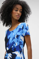 Joseph Ribkoff Blue/Vanilla Silky Knit Tropical Print Sheath Dress Style 252179