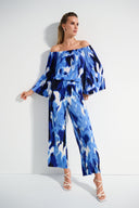 Joseph Ribkoff Blue/Vanilla Pleated Novelty Tropical Print Wide-Leg Pants Style 252138