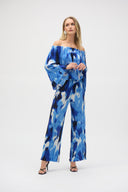 Joseph Ribkoff Blue/Vanilla Pleated Novelty Tropical Print Off-Shoulder Top Style 252227