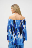 Joseph Ribkoff Blue/Vanilla Pleated Novelty Tropical Print Off-Shoulder Top Style 252227