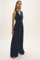 Joseph Ribkoff Midnight Blue Satin and Crepe Wide Leg Jumpsuit Style 252703