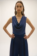 Joseph Ribkoff Midnight Blue Satin and Crepe Wide Leg Jumpsuit Style 252703