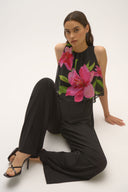 Joseph Ribkoff Black/Multi Floral Chiffon Wide Leg Jumpsuit Style 252704