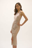 Joseph Ribkoff Quartz/Silver Foiled Plissé Novelty Knit Sheath Dress Style 252706