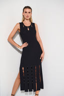 Joseph Ribkoff Black Sweater Knit Midi Dress with Car Wash Hem 252925