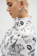 Joseph Ribkoff White/Black Woven Conversational Print Fit and Flare Blouse Style 252929