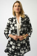 Joseph Ribkoff Black/Cream Jacquard Sweater Plaid Print A-Line Jacket Style 253017.