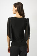 Joseph Ribkoff Black Silky Knit and Chiffon Fitted Top Style 253055