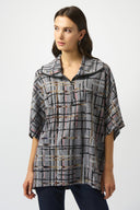 Joseph Ribkoff Grey/Multi Sweater Knit Plaid Print Boxy Top Style 253058