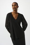 Joseph Ribkoff Black Silky Knit & Georgette Top With Sleeve Beading Style 253084