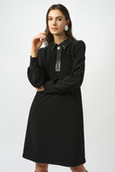 Joseph Ribkoff Black Silky Knit & Leatherette Trapeze Dress Style 253164