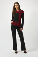 Joseph Ribkoff Black/Red Textured Knit Color-Block Trapeze Top Style 253168.