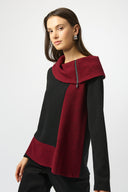 Joseph Ribkoff Black/Red Textured Knit Color-Block Trapeze Top Style 253168