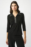Joseph Ribkoff Black Silky Knit and Leatherette Fitted Top Style 253176.