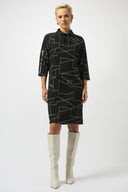 Joseph Ribkoff Black/Off White Jacquard Knit Abstract Print Straight Dress Style 253082.