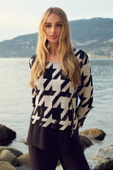 Frank Lyman Beige/Black Geometric Print Top with Zipper Style 253281