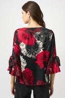 Joseph Ribkoff Black/Red Satin Floral Print Straight Top Style 253299