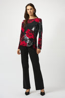 Joseph Ribkoff Black/Red Silky Knit Floral Print Fitted Top Style 253301