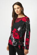 Joseph Ribkoff Black/Red Silky Knit Floral Print Fitted Top Style 253301.
