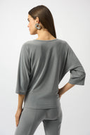 Joseph Ribkoff Grey Melange Melange Silky Knit Boxy Top with Knot Detail Style 253304