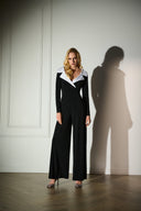 Joseph Ribkoff Black/Vanilla Silky Knit & Satin Wide Leg Jumpsuit Style 253705.