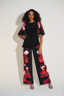 Joseph Ribkoff Black/Multi Silky Knit Top with Chiffon Floral Print Sleeves 253763