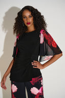 Joseph Ribkoff Black/Multi Silky Knit Top with Chiffon Floral Print Sleeves 253763