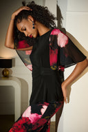 Joseph Ribkoff Black/Multi Silky Knit Top with Chiffon Floral Print Sleeves 253763