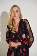 Joseph Ribkoff Black/Multi Pleated Chiffon Floral Fit & Flare Dress Style 253774