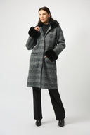 Joseph Ribkoff Feather Yarn Plaid Jacquard Coat with Faux Fur Trim Style 253900