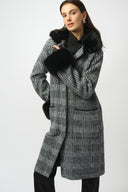 Joseph Ribkoff Feather Yarn Plaid Jacquard Coat with Faux Fur Trim Style 253900