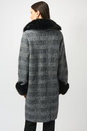 Joseph Ribkoff Feather Yarn Plaid Jacquard Coat with Faux Fur Trim Style 253900