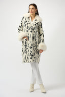 Joseph Ribkoff Winter White/Black Feather Yarn Animal Jacquard Coat with Faux Fur Trim Style 253904.