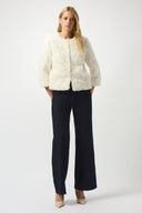 Joseph Ribkoff Vanilla Embroidered Faux Fur Collarless Jacket Style 253930.