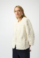 Joseph Ribkoff Vanilla Embroidered Faux Fur Collarless Jacket Style 253930