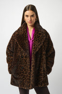 Joseph Ribkoff Beige/Black Faux Fur Leopard Print Double-Breasted Coat Style 253937.