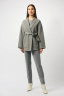 Joseph Ribkoff Light Grey Wool Blend Belted Coat With Shawl Collar Style 253952.