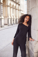 Frank Lyman Black 3/4 Bell Sleeve Asymmetrical Neckline Top Style 254026