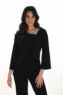 Frank Lyman Black 3/4 Bell Sleeve Asymmetrical Neckline Top Style 254026
