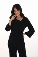 Frank Lyman Black 3/4 Bell Sleeve Asymmetrical Neckline Top Style 254026