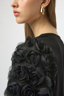 Joseph Ribkoff Black Top With Rosette Embroidered Sleeves Style 254064