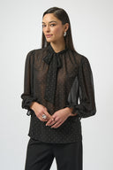 Joseph Ribkoff Black/Silver Dew Drop Chiffon Tie Neck Top Style 254200