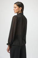 Joseph Ribkoff Black/Silver Dew Drop Chiffon Tie Neck Top Style 254200