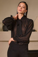 Joseph Ribkoff Black/Silver Dew Drop Chiffon Tie Neck Top Style 254200